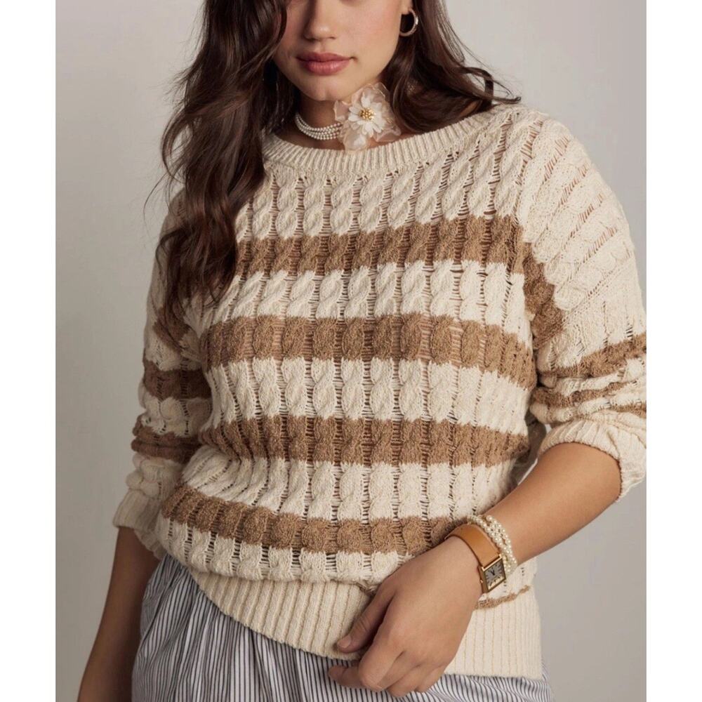 Pilcro Striped Open Knit Sweater Women's Large Cream Tan Textured Pullover Boho